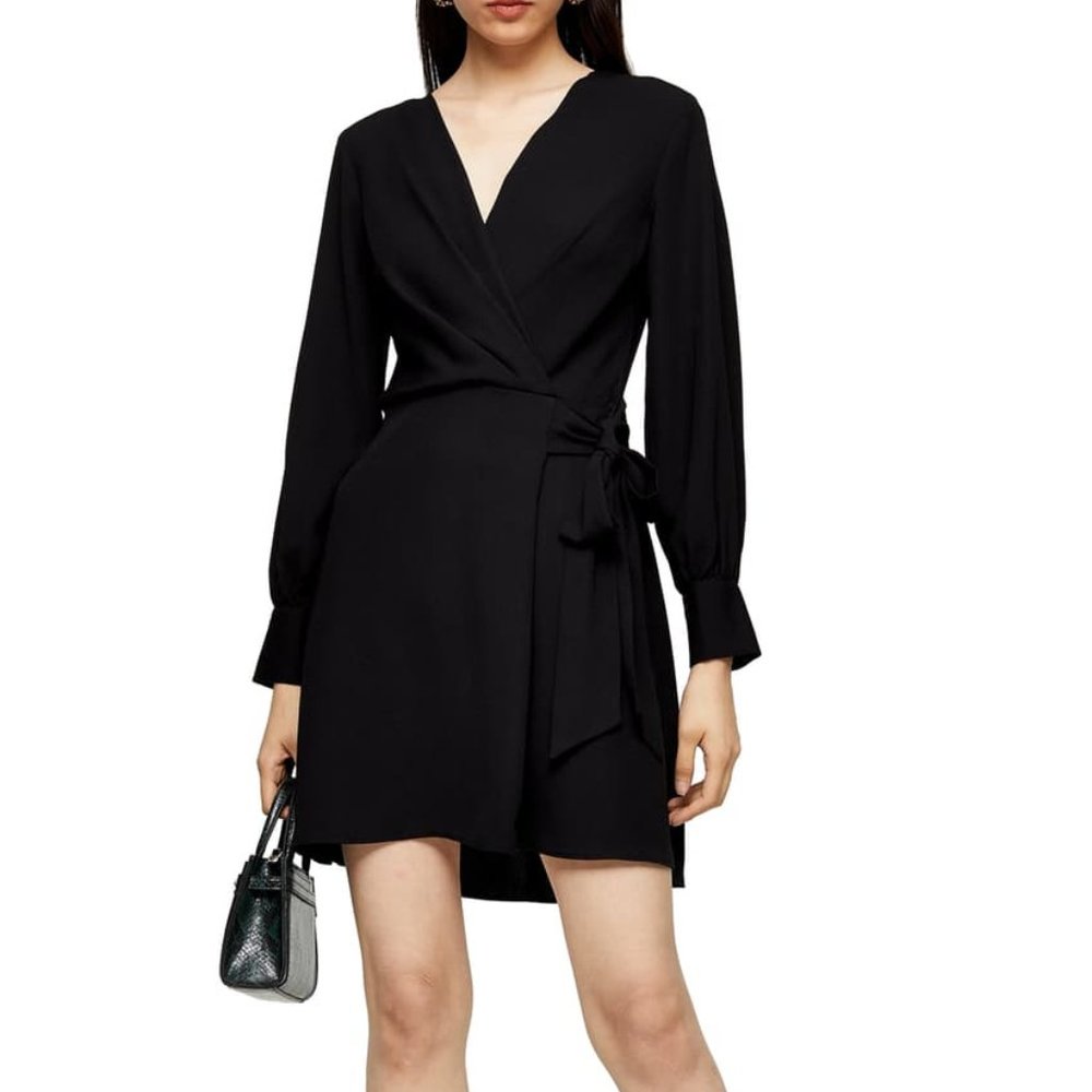 Topshop Twist Front Wrap Tie Short Dress V-Neck Long Sleeve Black Size 6 NEW